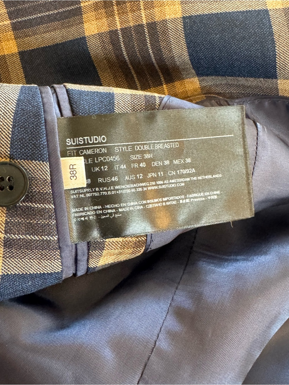 SUISTUDIO Italian Wool Plaid Double Breasted Blazer Cameron Navy Tan US 6 - Picture 9 of 12